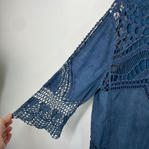 Lauren Michelle Boho Crochet mixed media top 3/4 sleeve round neck size Large - Picture 4 of 12